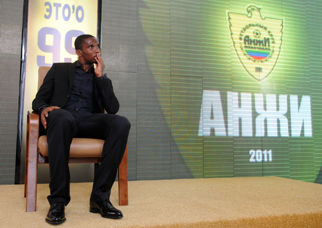 Samuel Eto'o takes part in a press conference for his official presentation after his first training session with the Russian team FC Anji in Makhachkala on September 10, 2011. AFP PHOTO / DMITRY KOSTYUKOV (Photo credit should read DMITRY KOSTYUKOV/AFP/Getty Images)
