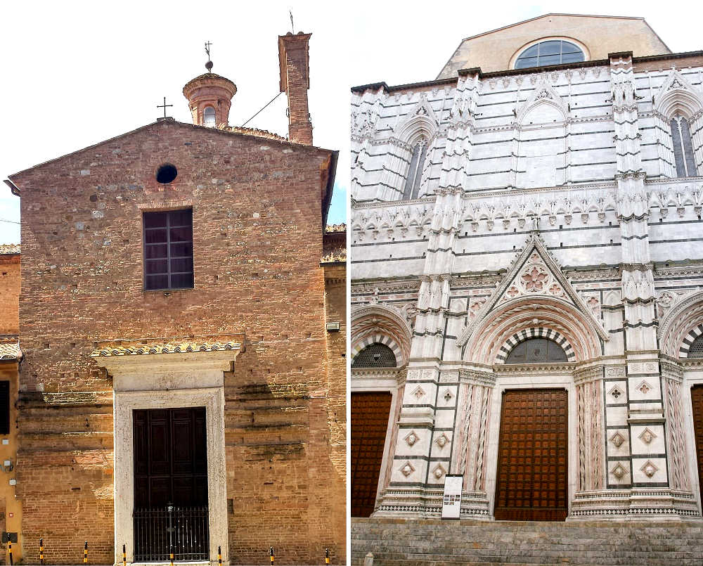 A sinistra la chiesa di San Sebastiano in Vallepiatta A destra il Battistero, le sedi della Contrada della Selva